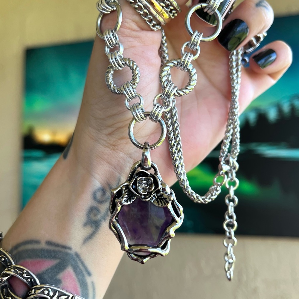 SOLD ON DEP steel necklace double chain purple amethyst gemstone flower charm - Picture 8 of 11